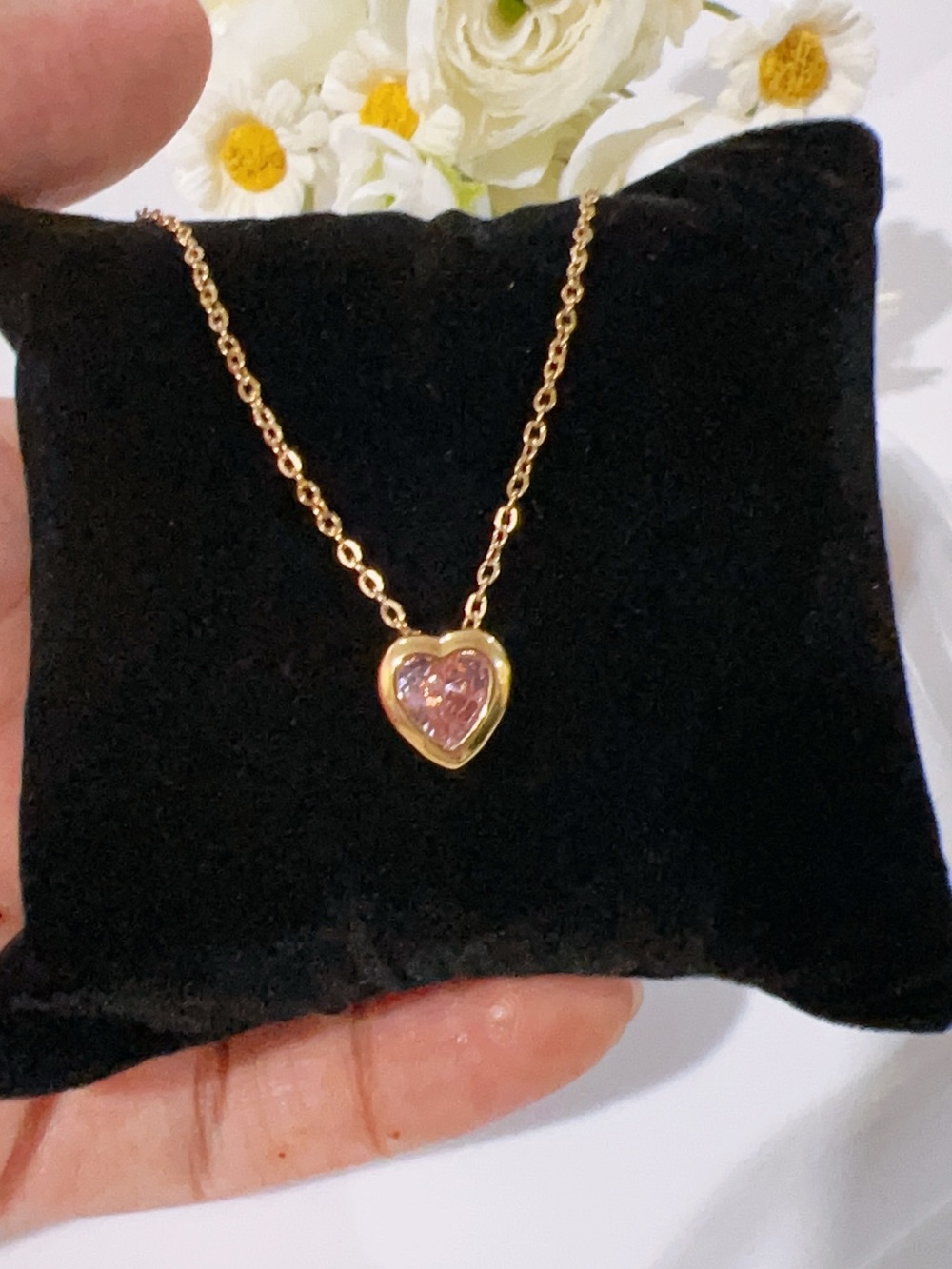 Gold-Tone Heart Pendant Necklace with Pink Stone